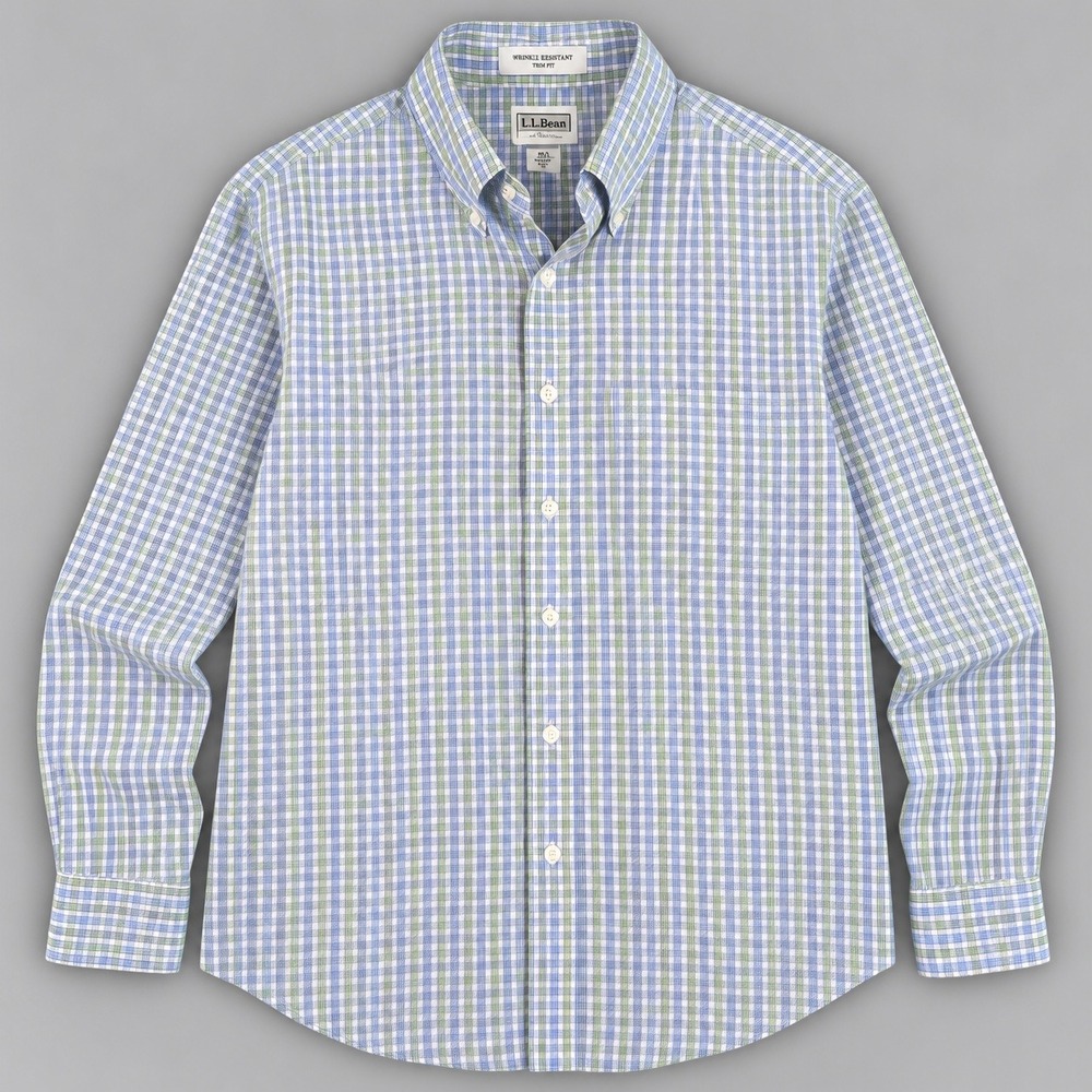 LL Bean Mens Trim Fit Wrinkle Resistant Plaid Button Down Shirt Blue Green M-Reg